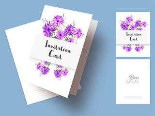 Purple color flowers decorated Invitation Card.