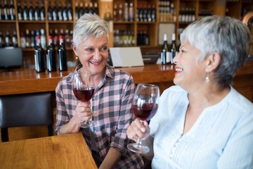 Two female senior friends having red wine in restaurant
