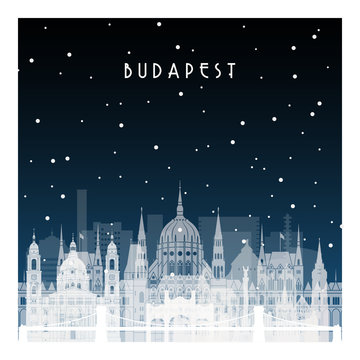 Winter Night In Budapest. Night City In Flat Style For Banner, Poster, Illustration, Game, Background.