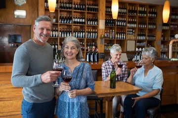 Group of senior friends having red wine