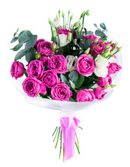 Bouquet of fresh beautiful pink and white roses with pink ribbon isolated on white background. For birthday, Mothers Day and Valentines Day