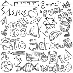 Back to School doodle, with black and white education sign, symbols and icons.