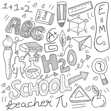 Back to School doodle, with black and white education sign, symbols and icons.