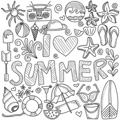 Summer beach hand drawn vector symbols and objects