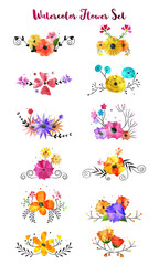 Collection of watercolor flower branches, floral wreaths, artistic bouquet.