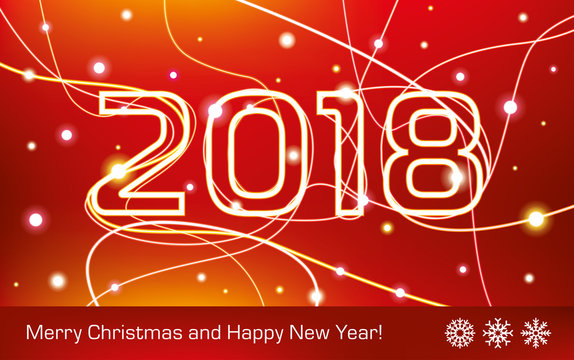 Merry Christmas and Happy New Year! 2018. Glowing neon lines on a red background, holiday card for your business project, vector design art