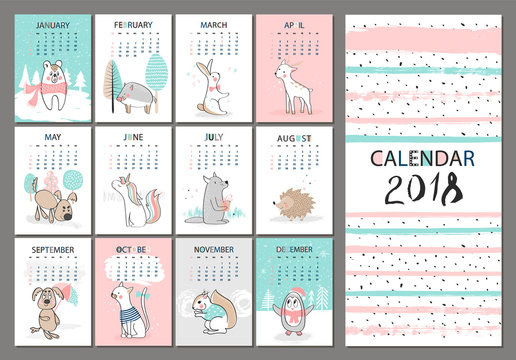 Monthly creative calendar 2018 with cute animals. Concept, vector vertical editable template