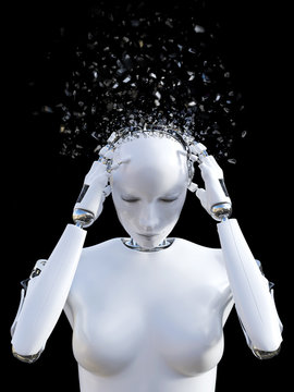 3D rendering of female robot head that shatters from headache.