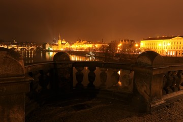 Fototapeta na wymiar panoramic night view from the Legion bridge (Most Legii) to the Charles bridge (Karlův most) in Prague