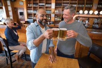 Friends toasting glass of beer at counter in restaurant