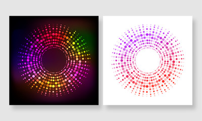 Abstract background design with circle surrounded by shiny tiny circles in two variations.