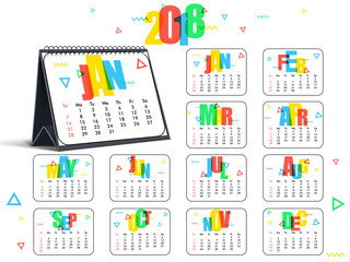 Fototapeta na wymiar Complete Set of 12 Months, 2018 Calendar.
