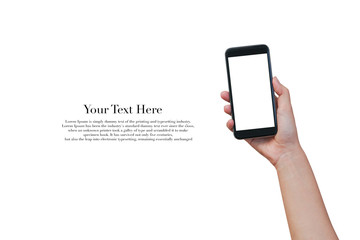 close up asian woman hand holding smart phone with blank display screen  on white background for promote product or content : isolated with paths