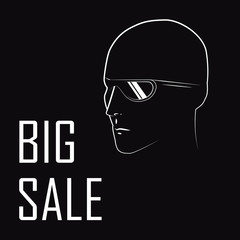 Contour drawing of a head with glasses with the signature big sale
