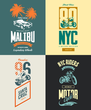 Vintage New York bikers club vector t-shirt logo isolated set.
Premium quality Santa Cruz motorcycle logotype tee-shirt emblem illustration. Malibu roadster car street wear retro tee print design.