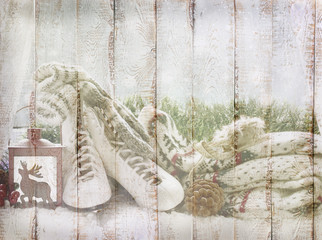 picture of vintage style winter sports still life on wooden board