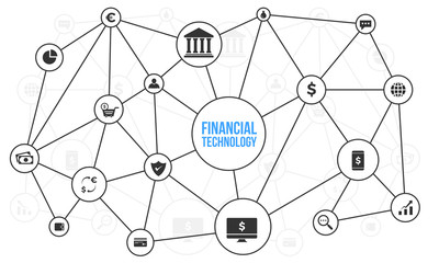 Fin-tech (financial technology) workflow illustration, blockchain background.