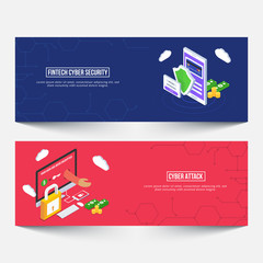 Fin-tech (finance technology) website banners for cyber security, and cyber attacks.