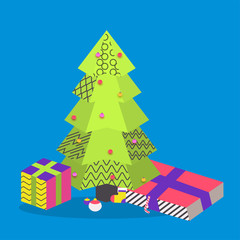 Merry Christmas and New Year concept with creative Xmas Tree and colorful gift boxes.