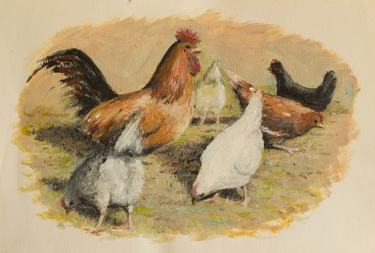 Hen and chickens eating in farm yard - An oil painting