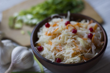 sauerkraut, onion, garlic on the table