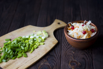 sauerkraut, onion, garlic on the table