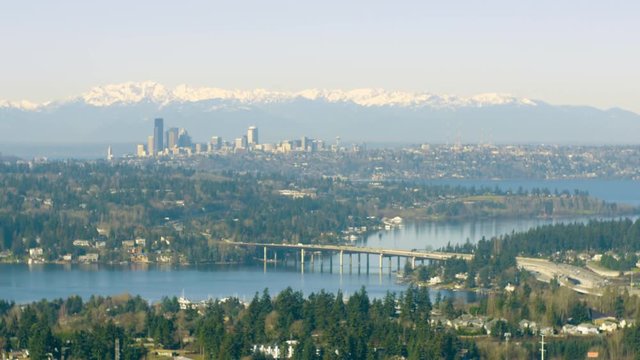 Seattle Washington High Angle View From Bellevue - Traffic Going Across Interstaet 90 Bridge to and from Mercer Island