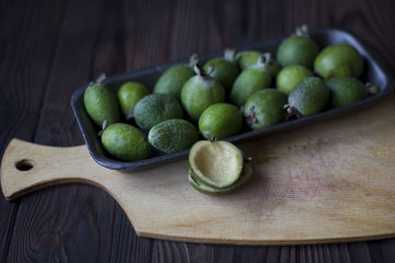 Tropical fruit feijoa . Healthy vegetarian food