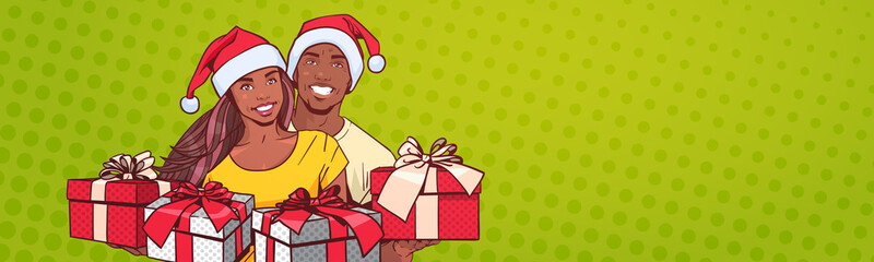 African American Couple Wearing Santa Hats Hold Presents Happy Man And Woman Horizontal Banner Over Comic Pop Art Background Vector Illustration