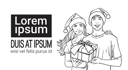 Hand Drawn Man And Woman In Santa Hats Hold Present Box Couple Sketch Over White Background With Copy Space Vector Illustration