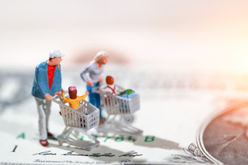 Miniature people: shopper walking on dollar bank note as payment and purchase online (e-commerce and shopping concept)