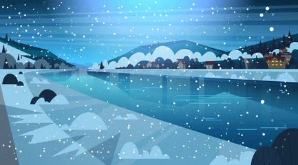 Schilderijen op glas Frozen River Night View With Small Country Houses On Mountains Hills Winter Landscape Concept Flat Vector Illustration © mast3r