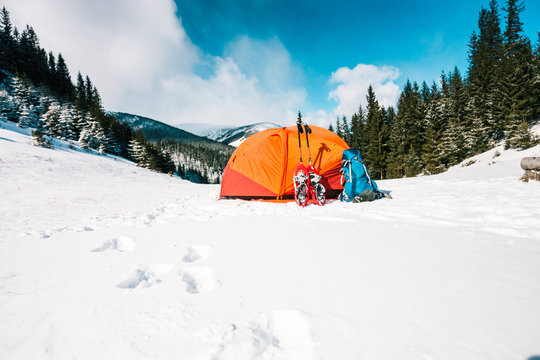 camping in the winter in the mountains.