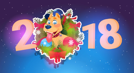 2018 New Year Banner Dog In Fir Garland Holiday Decoration Design Vector Illustration