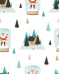 Hand drawn vector abstract fun Merry Christmas time cartoon seamless pattern with cute illustrations,Santa Claus in snow bulb and Eve outdoor with pine forest and house isolated on white background