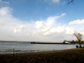 park, shore, autumn, sky, clouds, water, river, barge, beach, sand