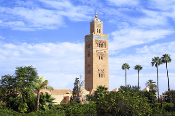 Fototapeta na wymiar Famous Moroccan Koutoubia Mosque minaret, Marrakech, Morocco