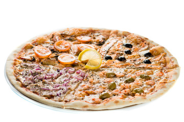 Slices of traditional Italian delicious pizza with different topping on light background