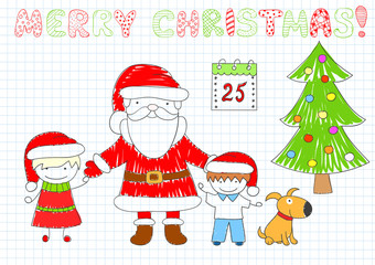 Two happy children and Santa Claus