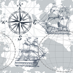 Hand drawn vector seamless sea map with compass and sailing ship. Perfect for textiles, wallpaper and prints.