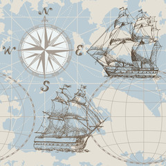 Hand drawn vector seamless sea map with compass and sailing ship. Perfect for textiles, wallpaper and prints.