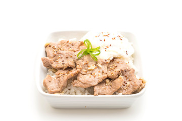 stir-fried pork with garlic on topped rice with egg