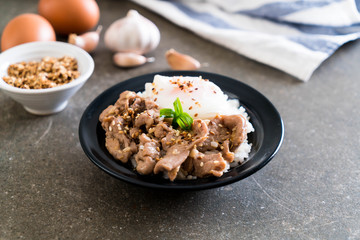 stir-fried pork with garlic on topped rice with egg