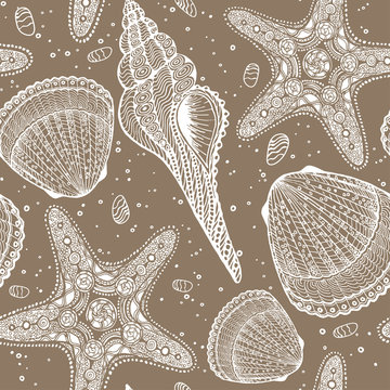 Marine vector hand drawn pattern with sea shells and stars. Highly detailed. Perfect for textiles, wallpaper and prints.