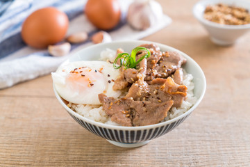 stir-fried pork with garlic on topped rice with egg