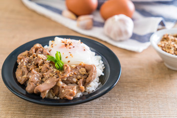 stir-fried pork with garlic on topped rice with egg