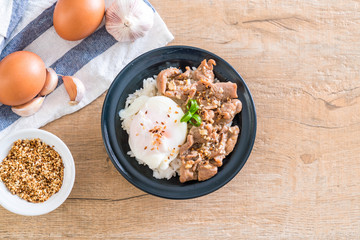 stir-fried pork with garlic on topped rice with egg