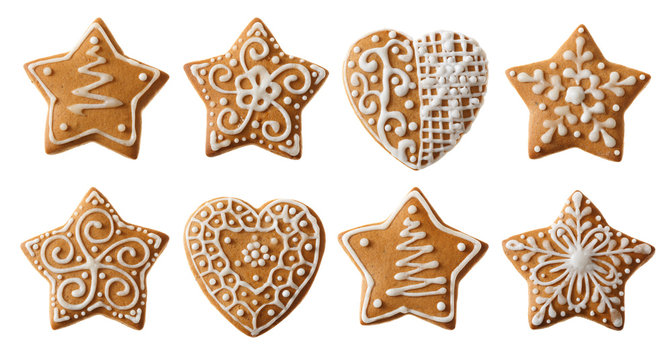 Set of christmas homemade gingerbread cookies isolated on the white background