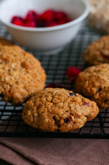 Homemade oatmeal cookies with dried fruits on a wire rack.