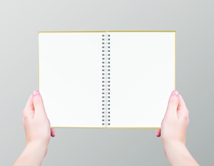 Obraz premium Realistic vector man's hands hodling blank open notebook isolated on grey background